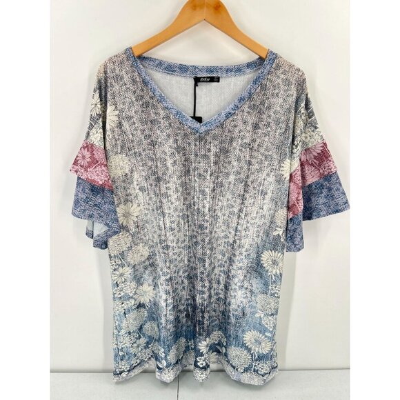 Lily By Firmiana Women Size Large Boho Floral-Print V-Neck Short Sleeve Top - Picture 1 of 9